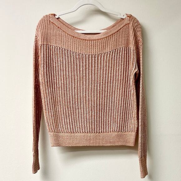 Intermix Megan Two-Tone Cotton Asymmetric Neck Open Knit Sweater Orange Beige P - Picture 4 of 6